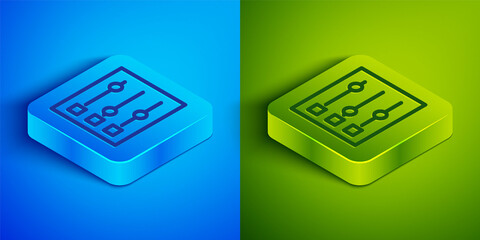 Isometric line Car settings icon isolated on blue and green background. Auto mechanic service. Repair service auto mechanic. Maintenance sign. Square button. Vector Illustration.