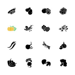 Vegetable black glyph icons set on white space. Tomato for ketchup. Potato and lettuce. Raw root, ripe bulb. Seasonal healthy food. Raw veggies. Silhouette symbols. Vector isolated illustration