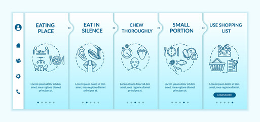 Mindful nutrition practice onboarding vector template. Eating in silence and chewing thoroughly. Responsive mobile website with icons. Webpage walkthrough step screens. RGB color concept