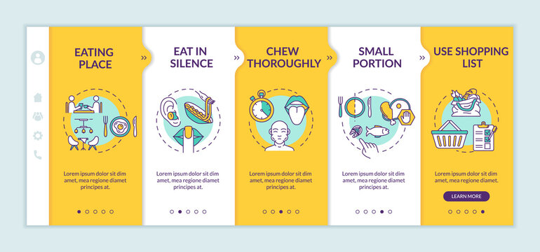Mindful nutrition habits onboarding vector template. Eating place change and shopping list. Responsive mobile website with icons. Webpage walkthrough step screens. RGB color concept