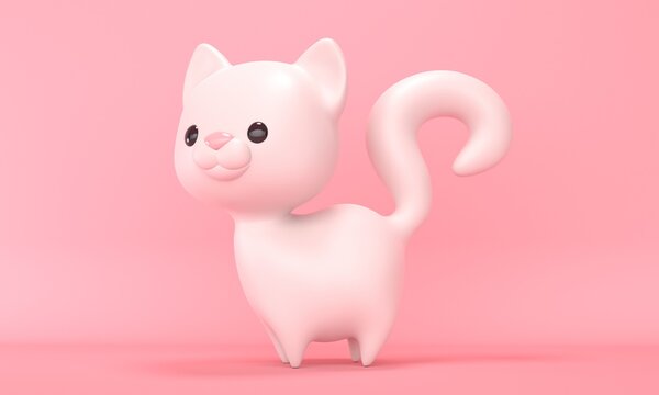 White cute cat toy on a pink background. 3d rendering
