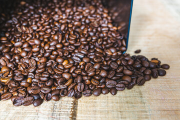 Roasted brown coffee beans inside square tin can spilled on wooden background.