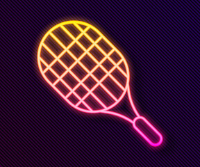 Glowing neon line Tennis racket icon isolated on black background. Sport equipment. Vector Illustration.