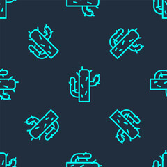 Green line Cactus icon isolated seamless pattern on blue background. Vector Illustration.