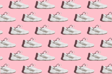 Regular seamless pattern of light sneakers with a hard shadow on a pink background. Photo collage. Fashion blog, sport lifestyle. Printing on fabric, wrapping paper.