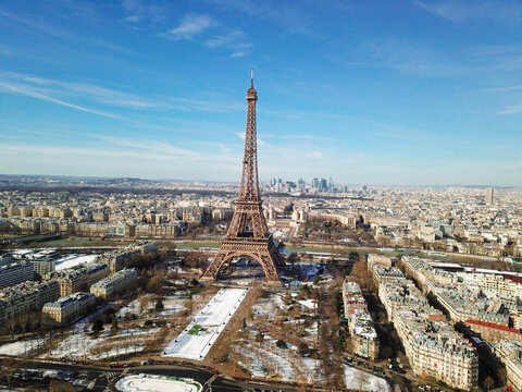 4k photos iconic landmark Eiffel Tower, Paris, Ile-de-France Aerial view drone of Paris, France, Europe
