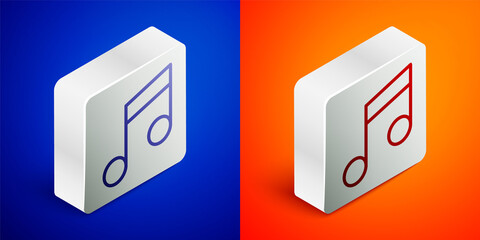 Isometric line Music note, tone icon isolated on blue and orange background. Silver square button. Vector Illustration.