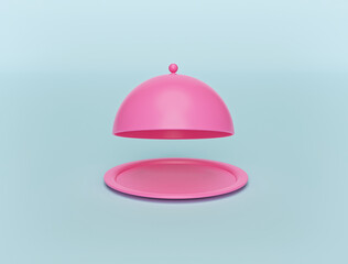 minimal pink opened restaurant cloche isolated on pastel blue background. Food serving tray. lunch time concept. 3d rendering