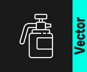 White line Garden sprayer for water, fertilizer, chemicals icon isolated on black background. Vector Illustration.