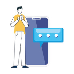 young man with smartphone on white background, social media, communication online concept vector illustration design
