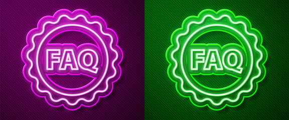 Glowing neon line Label with text FAQ information icon isolated on purple and green background. Circle button with text FAQ. Vector Illustration.