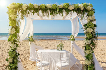 Fototapeta premium Luxurious romantic wedding ceremony on the ocean, beach on a sunny day. The wooden arch is decorated with fresh flowers and white tulles.