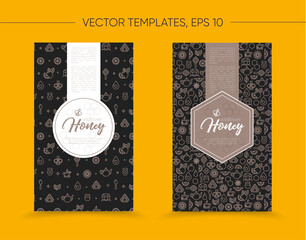 Vector template with honey bee emblem and seamless pattern. Honey outline icons. Royal black and bronze color. Card, label, banner design template. Vertical format. Premium product.