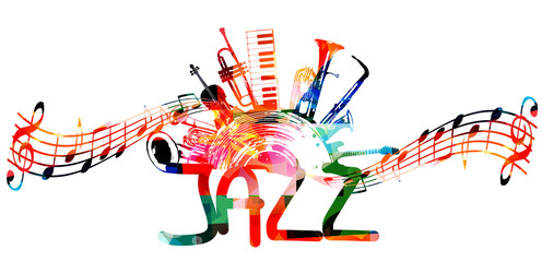 Fototapeta premium Colorful jazz music promotional poster with music instruments and notes isolated vector illustration. Artistic abstract background for live concert events, music show and festivals, party flyer design