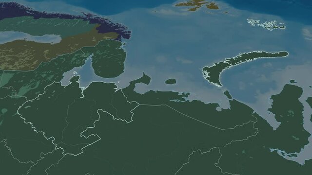 Arkhangel'sk, region with its capital, zoomed and extruded on the administrative map of Russia in the conformal Stereographic projection. Animation 3D