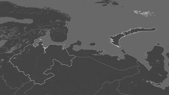 Arkhangel'sk, region with its capital, zoomed and extruded on the bilevel map of Russia in the conformal Stereographic projection. Animation 3D