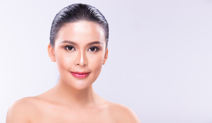 Portrait of Fashion Young Asian Woman black straight long hair beautiful cosmetic make up natural look, healthy skin care girl smile look camera. Studio Lighting white Background isolated copy space