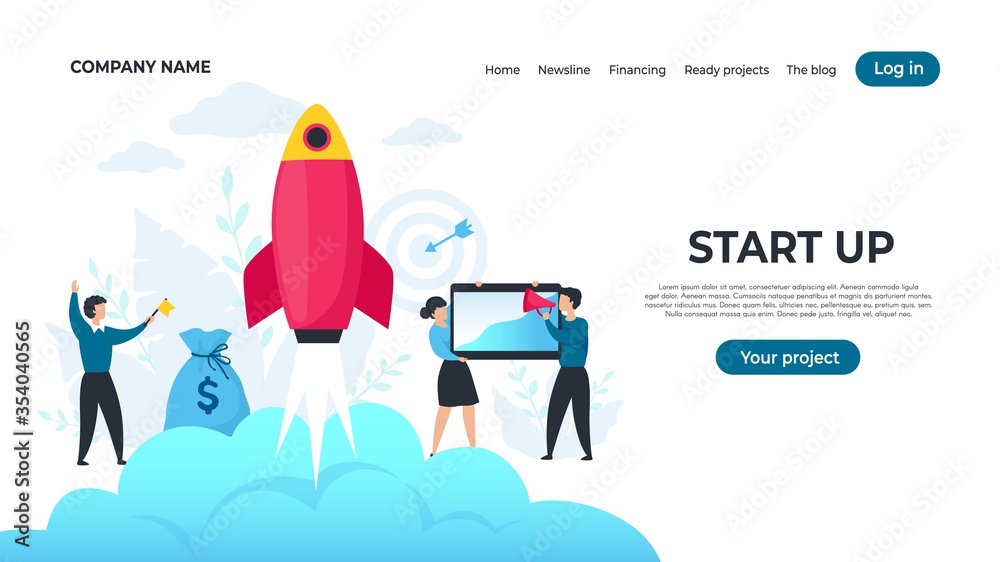 Aufkleber start up landing page. trendy entrepreneur characters starting project, successful strategy concept.
