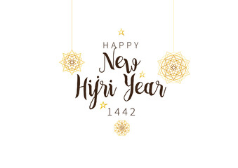 Vector holiday Happy New Hijri Year 1442. Card with calligraphy, gold arabic geometric ornament, stars for muslim celebration. Islamic Holiday, greeting illustration. Decoration in Eastern style