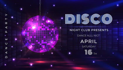 Disco party poster. Dance and music night party flyer with 80s disco ball and light effects. Vector illustration invite on glamour celebration with mirror sphere banner - obrazy, fototapety, plakaty