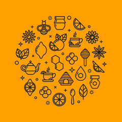 Design element of honey, bee, honeycomb, cup of tea, kettle, lemon, mint, camomile. Icons outline set, icons of honey symbols. Honey market badge. Beekeeping. Vector illustration, eps 10.