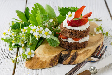 Breakfast with delicious strawberry cake, homemade sweets