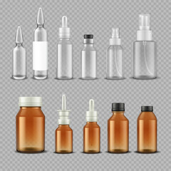 Dropper glass bottle. Realistic medical containers for pills capsules eye drops aromatic oil. Vector isolated plastic and glass bottles with screw lids on transparent background