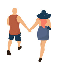 Trendy couple. Vector illustration cartoon romance people walking. Back view romantic stylish couple on vacation