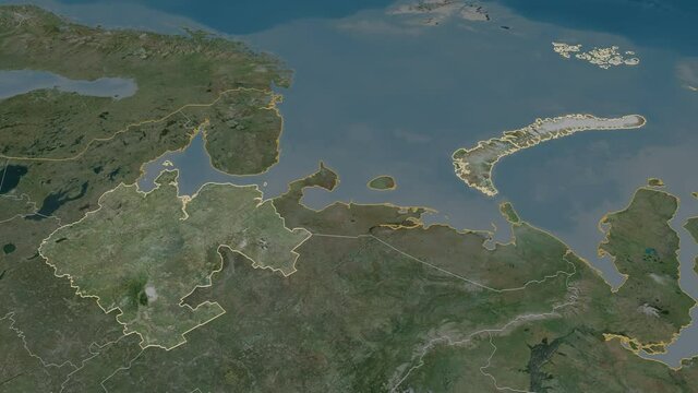 Arkhangel'sk, region with its capital, zoomed and extruded on the satellite map of Russia in the conformal Stereographic projection. Animation 3D