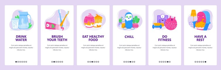 Healthy lifestyle concept. Take a rest, fresh food, sport and fitness training, body care. Mobile app screens. Vector banner template for website and mobile development. Web site design illustration