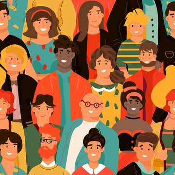 Crowd of people seamless pattern. Group of diverse people background. Young men and women with different skin color and smiling faces. Vector illustrations design element
