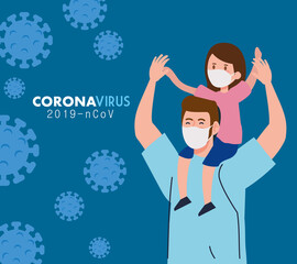 father and daughter wearing protective medical mask for prevent virus covid 19 vector illustration design