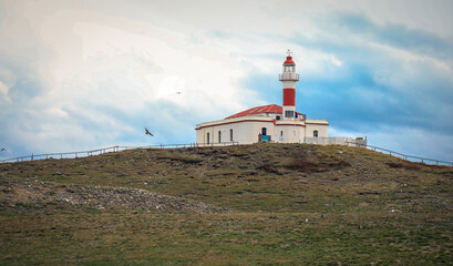 Fototapeta na wymiar Punta Arenas, Chile - March 12, 2020: Lighthouse building on the Magdalena island 