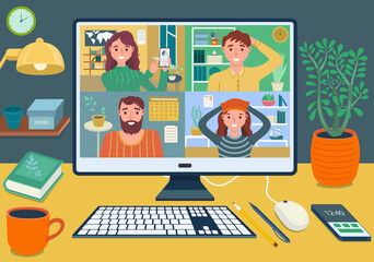 Stay and work from home video conference meeting concept. Workplace with computer screen group of people talking by internet. Web communication. Stream and webinar. Business team working online.