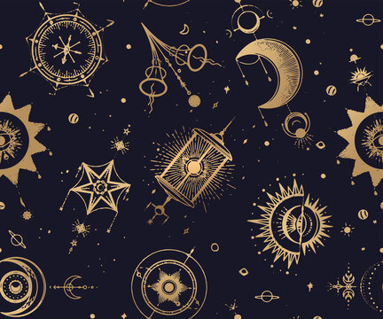 Mystic, magic, background. Religion and the occultism with esoteric and masonic symbols. Medieval manuscript inspired. Vector seamless pattern in retro style. Repeating Trendy stylish texture.