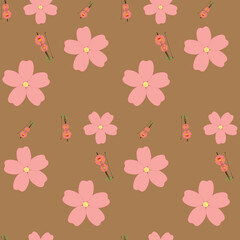 Seamless pattern with abstract sakura flowers and floral stringed violins on brown background. Creative color floral surface design. Concepts: music, summer, spring, nature, blossom