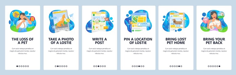 .Woman lost her pet. Search for lost dog, social media help. Bring your cat back home. Mobile app screens. Vector banner template for website and mobile development. Web site design illustration