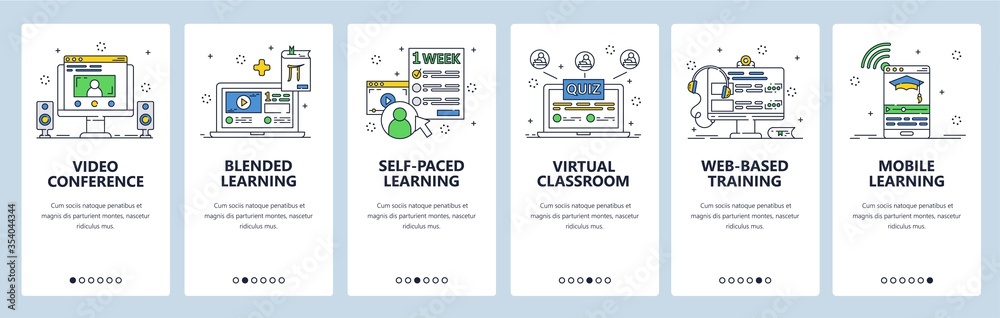 Wall mural online education, video conference and distant learning. online virtual class. mobile app screens. v