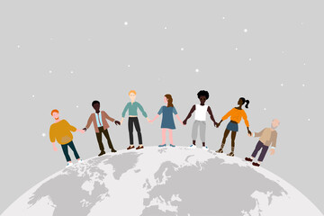 Fototapeta premium Together we are strong. A multinational group of people stand together holding hands on globe. Unity of the people of the earth, resistance to conflicts, concept of global peace