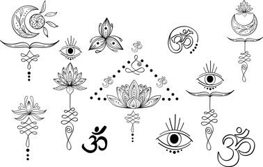 Linear black set of abstract yoga symbol with moon, unalome, eye, lotus, om, triskel. Indian outline yoga illustration. Vector mandala clipart for card, print, packing, poster, tattoo in yoga style - obrazy, fototapety, plakaty