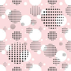 Seamless polka dots pattern. Modern seamless background with polka dots and circles. Minimalism. Pink background with geometric shapes.