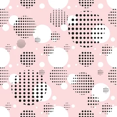 Tapeten Seamless polka dots pattern. Modern seamless background with polka dots and circles. Minimalism. Pink background with geometric shapes. © veseba