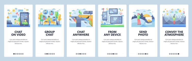 Communication technology, video conference call, chat messages. Stay connected from anywhere. Mobile app screens. Vector banner template for website and mobile. Web site design illustration