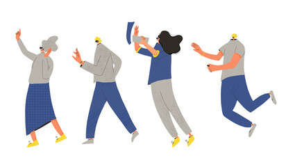 Set of persons in virtual reality glasses isolated on white background. Men and women with vr headset. Different people use future technology for research, entertainment. Vector flat illustration.