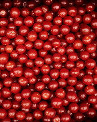 Red fresh ripe tomato pattern background of many small cherry tomatoes. The concept of healthy nutritious food. Vegetarian diet