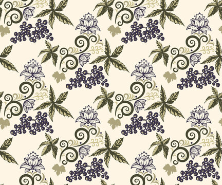 Seamless pattern with Hand drawn wild vine grapes ornamental decorative background. Vector pattern. Print for textile, cloth, wallpaper, scrapbooking