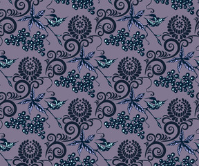 Seamless pattern with Hand drawn wild vine grapes ornamental decorative background. Vector pattern. Print for textile, cloth, wallpaper, scrapbooking