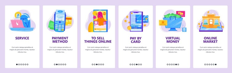Online shopping concept icon set. Support by phone, pos terminal, pay by credit card. Mobile app screens. Vector banner template for website and mobile development. Web site design illustration