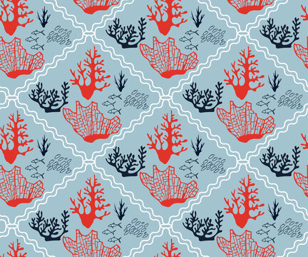 Hand drawn underwater natural ocean elements. Seamless pattern with reef corals. Vector sketch. Abstract seamless pattern. Print for textile, cloth, wallpaper, scrapbooking