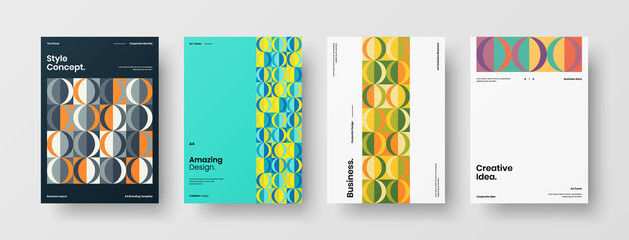 Fototapeta premium Company identity brochure template collection. Business presentation vector A4 vertical orientation front page mock up set. Corporate report cover abstract geometric illustration design layout bundle.
